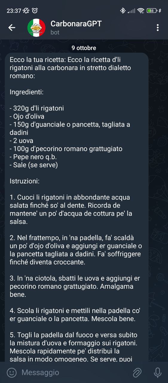 messaggio Telegram inviato da Carbonara GPT